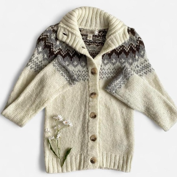 Decree Sweaters - Y2K fuzzy white fair isle cardigan